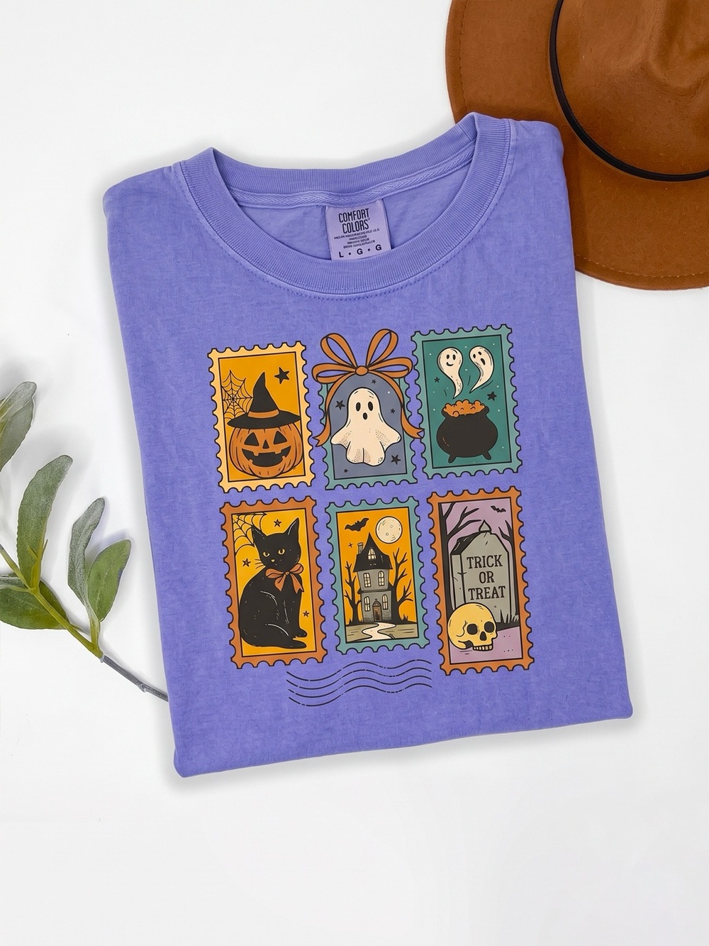 Cute Halloween Postage Stamps Graphic Purple Comfort Colors T-Shirt